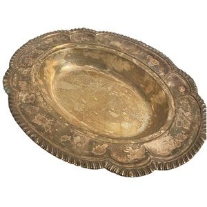 Antique ornate decorative scalloped silverplate vintage oval tray